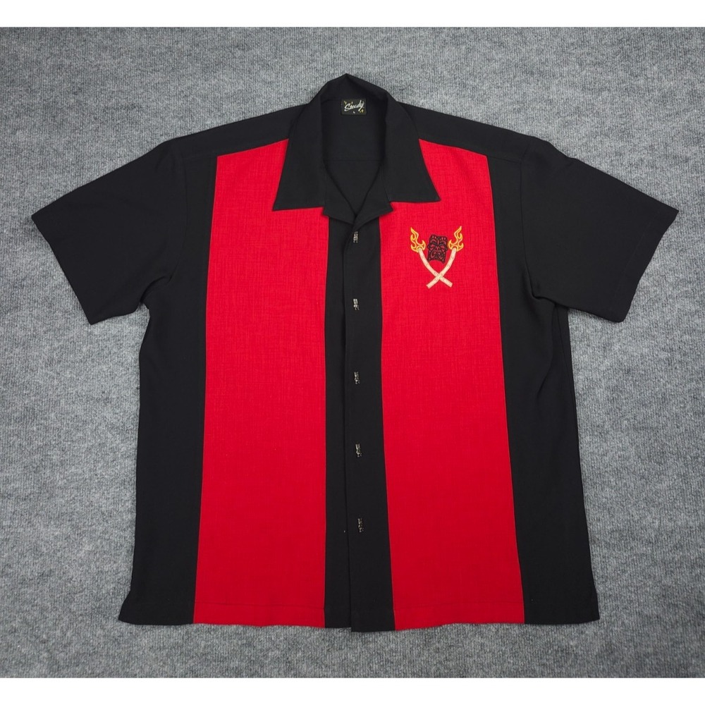 STEADY Shirt Mens Large Red Black TIKI Button Up Bowling Button Short Sleeve USA